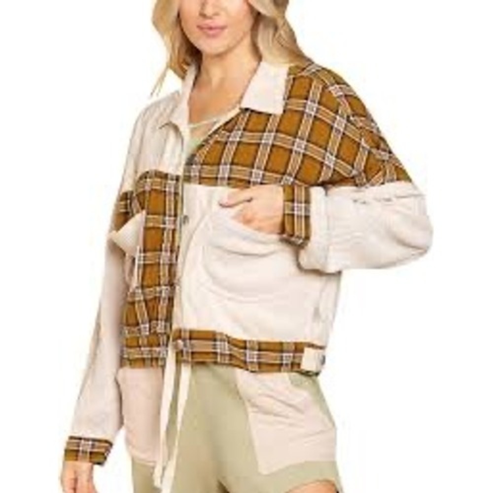 POL Womens Distressed Plaid Patchwork Denim Jacket Cream Brown Size S